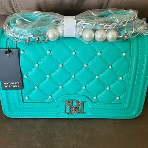 Badgley Mischka Quilted Crossbody Bag with Pearl Chain – Teal/Green